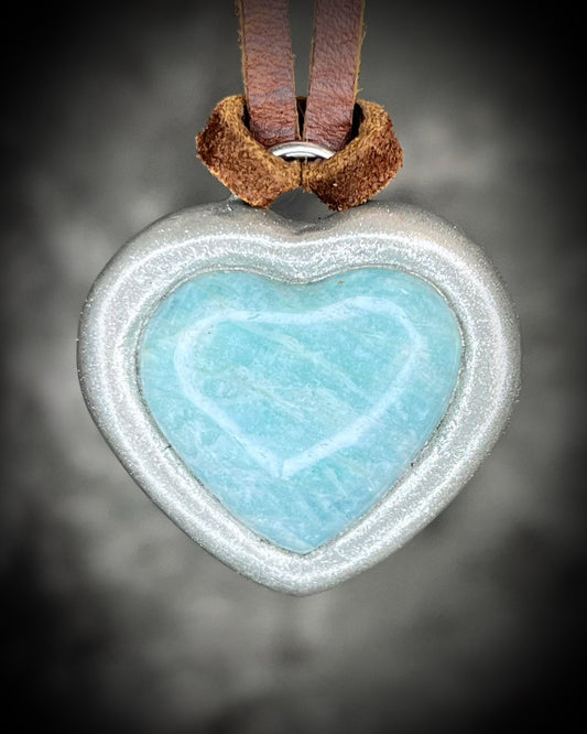 Amazonite Crystal Truth Heart Pendant — Gold or Silver Finish on Brown Leather for Truth, Intuition and Dreamwork