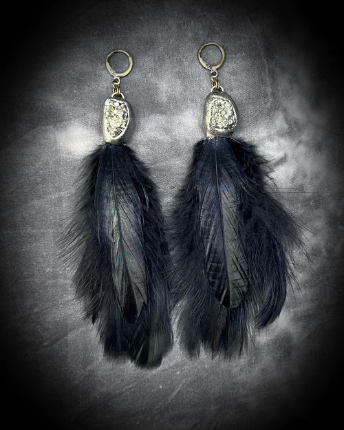 Feather and Pyrite Earrings