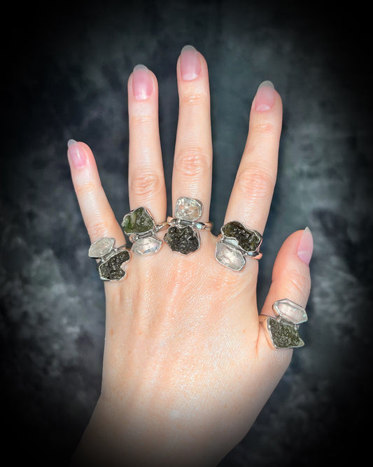 Large statement designer Elegant Moldavite and Herkimer Diamond sterling silver cocktail rings showcasing natural gemstones, holiday gift for her.