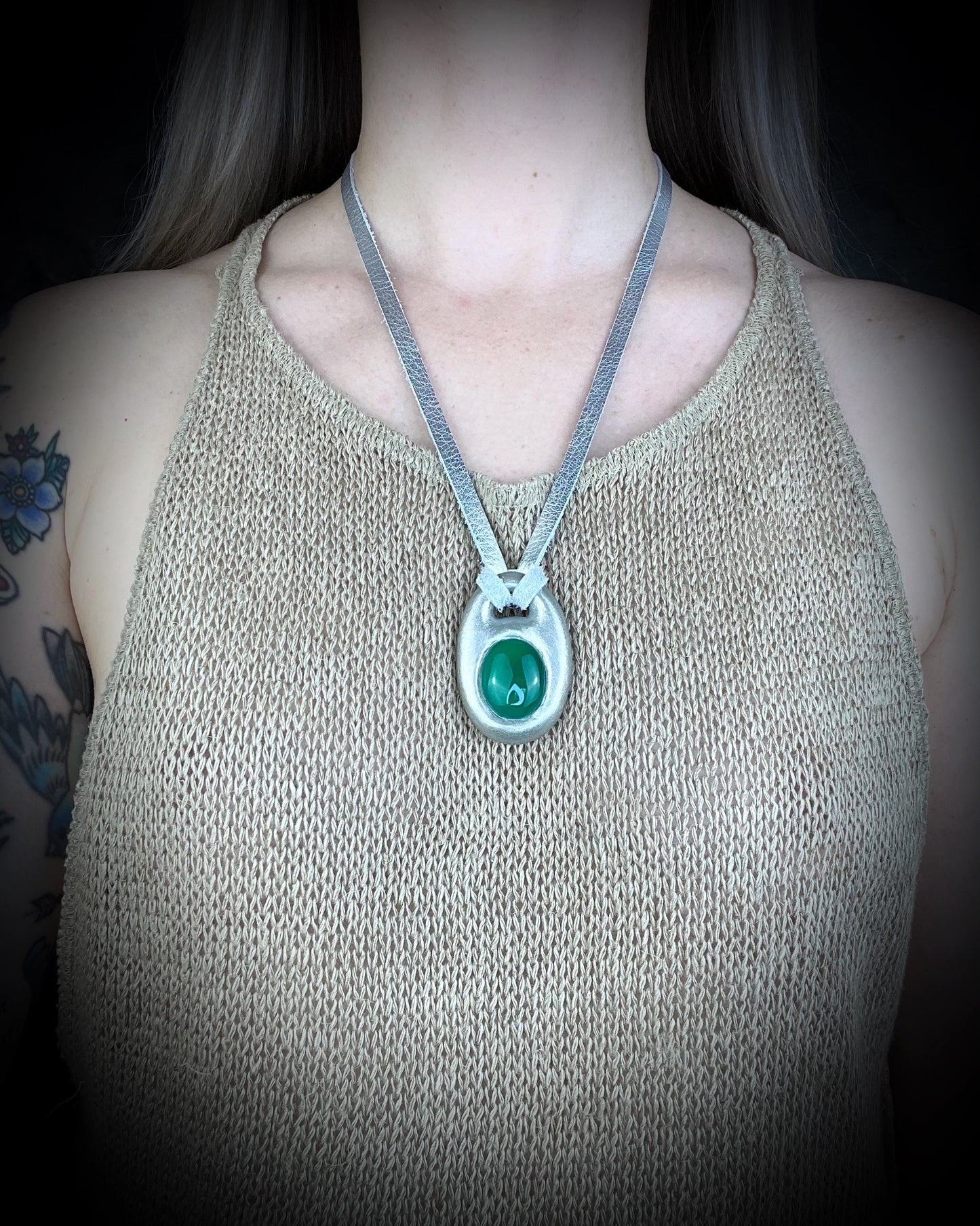 Green Onyx handmade silver necklace on recycled silk for heart chakra healing and luck.