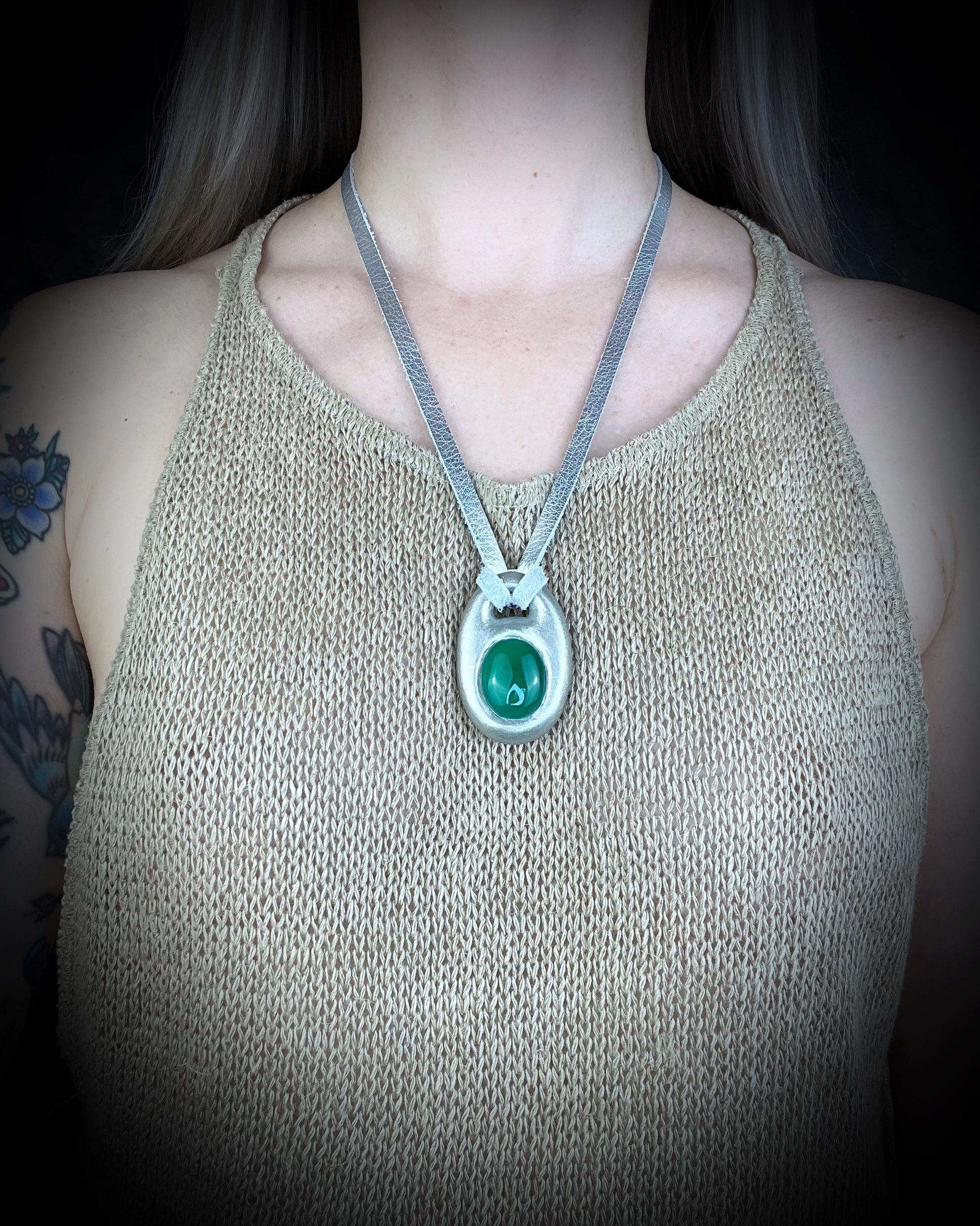 Green Onyx handmade silver necklace on recycled silk for heart chakra healing and luck.