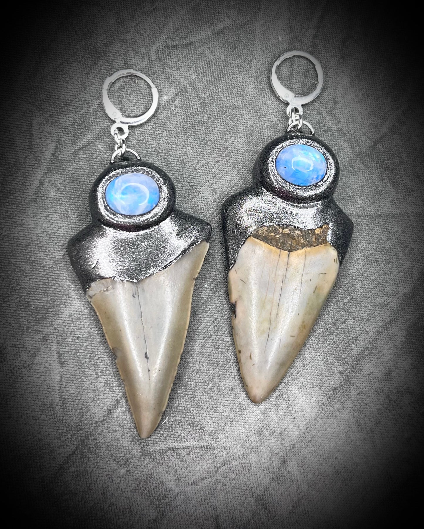 Natural shark tooth fossil and moonstone gunmetal dark silver with sterling silver mixed metal earrings.  Handmade in the USA, these dangle earrings will empower and inspire you!  Best natural history gift for her. 