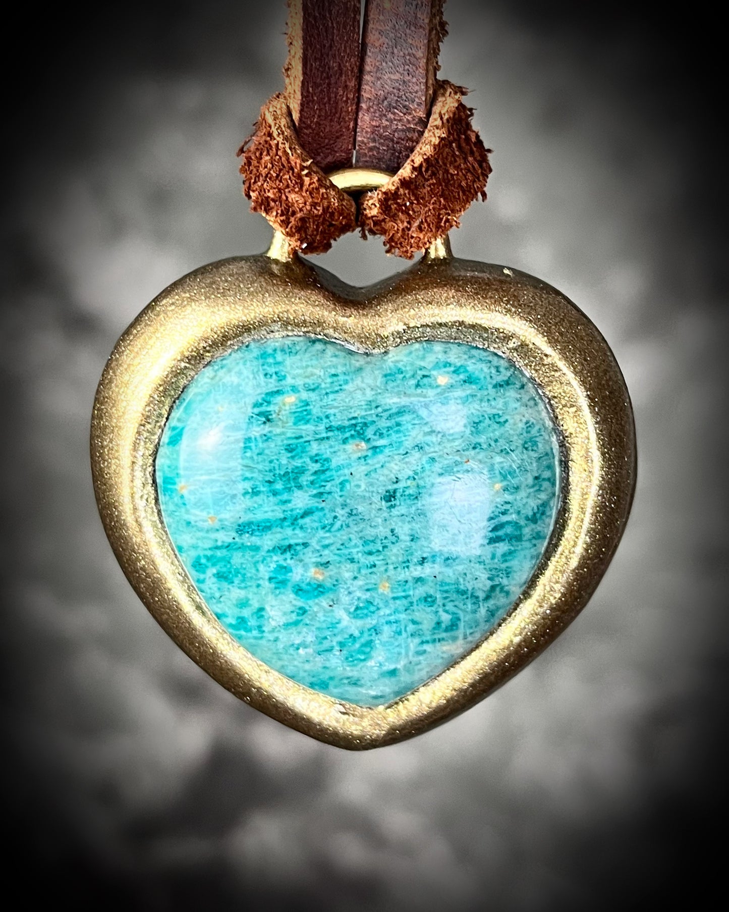 Amazonite Crystal Truth Heart Pendant — Gold or Silver Finish on Brown Leather for Truth, Intuition and Dreamwork