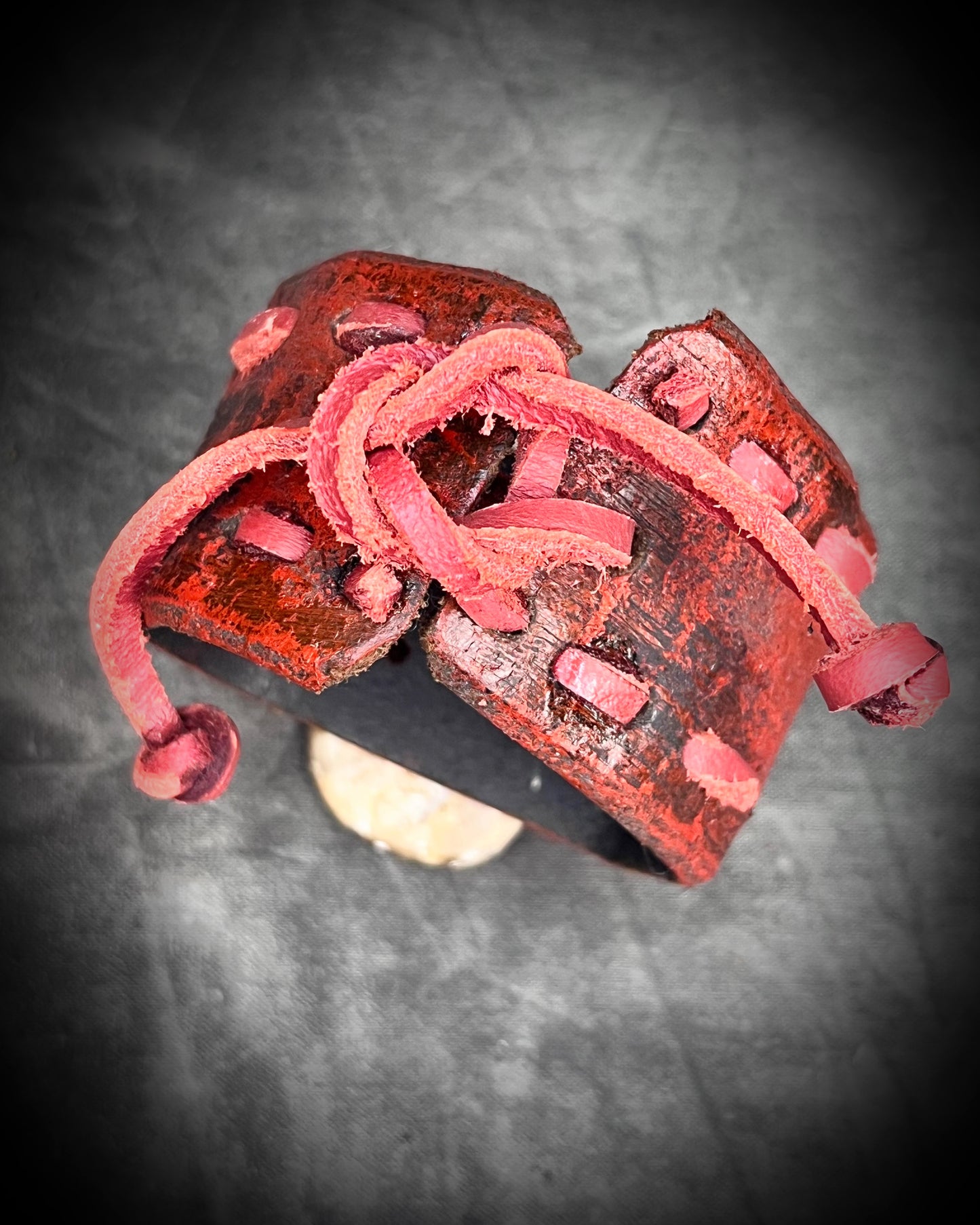 Handmade Red Stitched Leather Cuff with Abalone Shell — Rainbow Shimmer Statement Bracelet