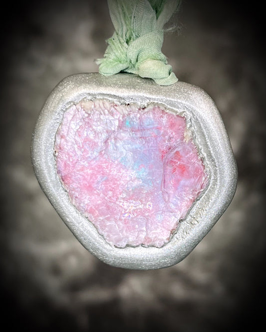 Raw Lepidolite Crystal Talisman - Silver Finish + Aqua Silk for Calm and Serenity