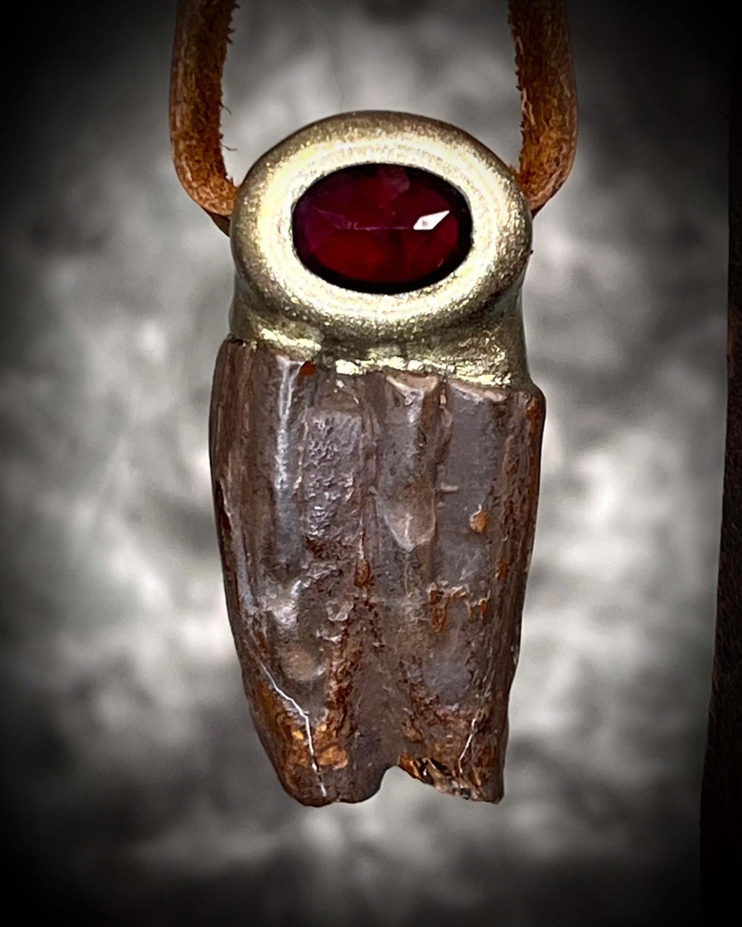 Equus Tooth Fossil & Garnet Talisman Necklace - Ancient Strength and Vitality Statement Jewelry