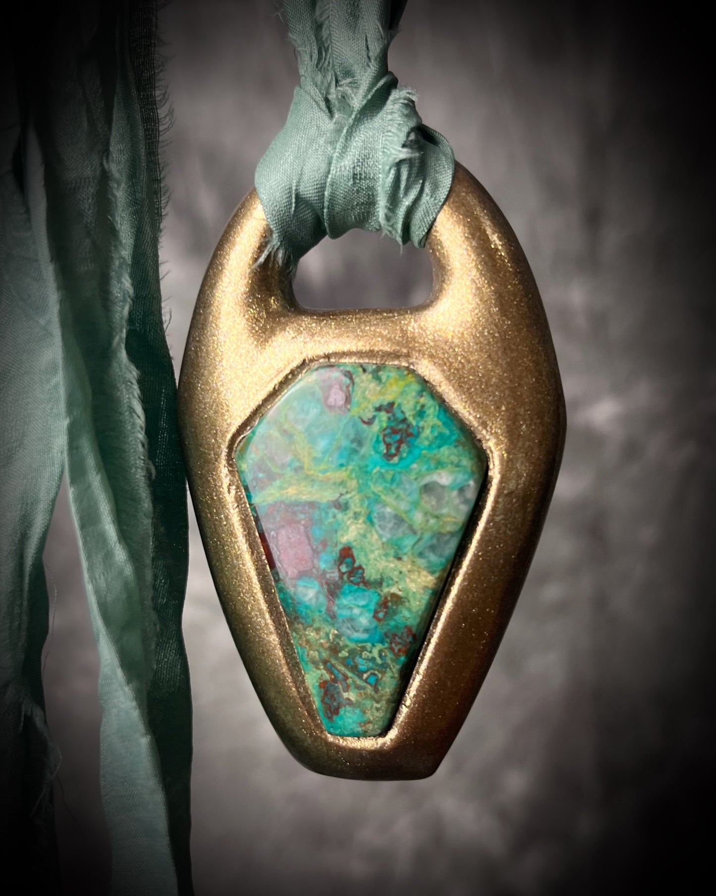 Chrysocolla Crystal Coffin Talisman in Gold on Black Leather Western Gothic Style Pendant