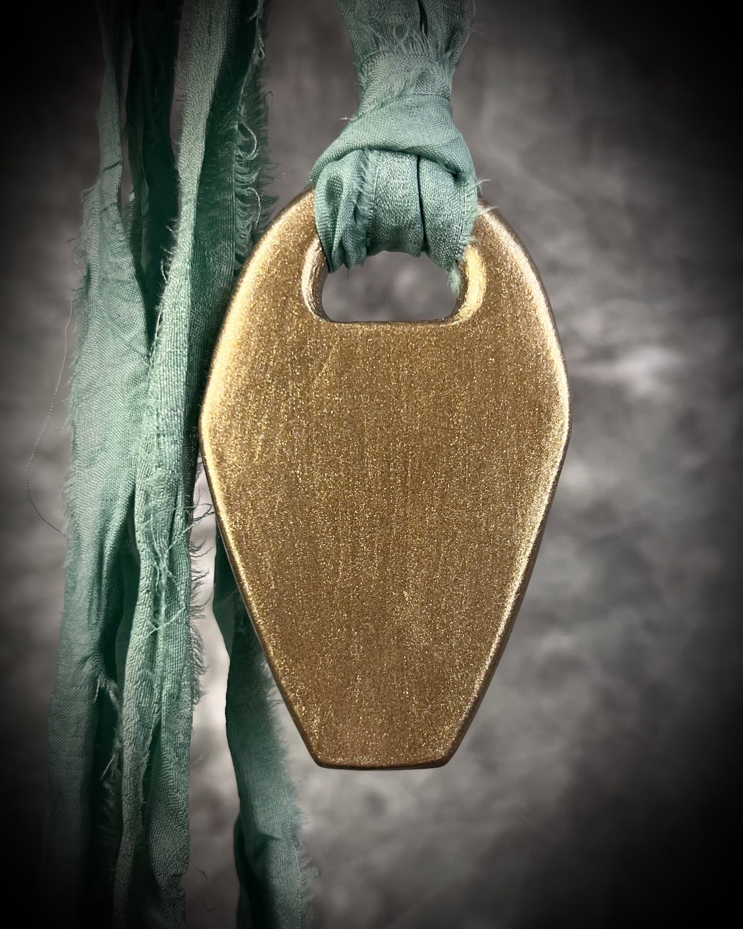 Chrysocolla Crystal Coffin Talisman in Gold on Black Leather Western Gothic Style Pendant