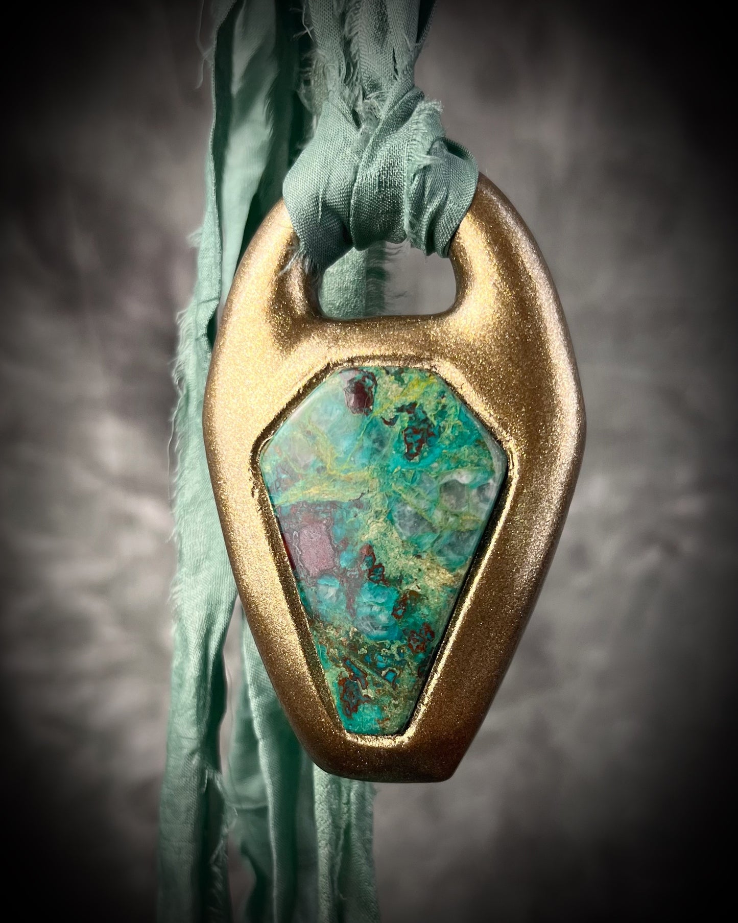 Chrysocolla Crystal Coffin Talisman in Gold on Black Leather Western Gothic Style Pendant