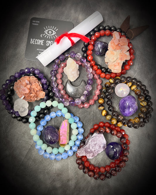 A magical holiday crystal gift set with bracelets, crystals, incense, and handwritten notes —beautifully wrapped for enchanting group gifting.