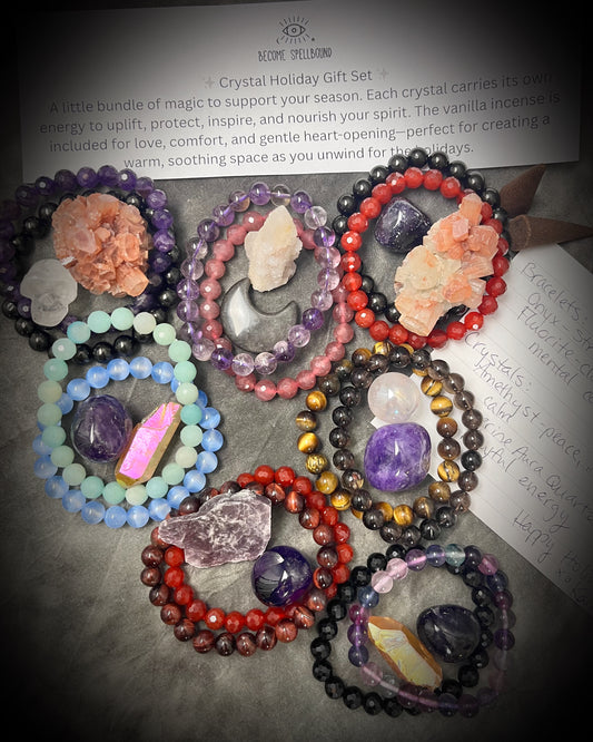 A magical holiday crystal gift set with bracelets, crystals, incense, and handwritten notes —beautifully wrapped for enchanting group gifting. Shown here is a printed and hand written note exlpaining the gift.