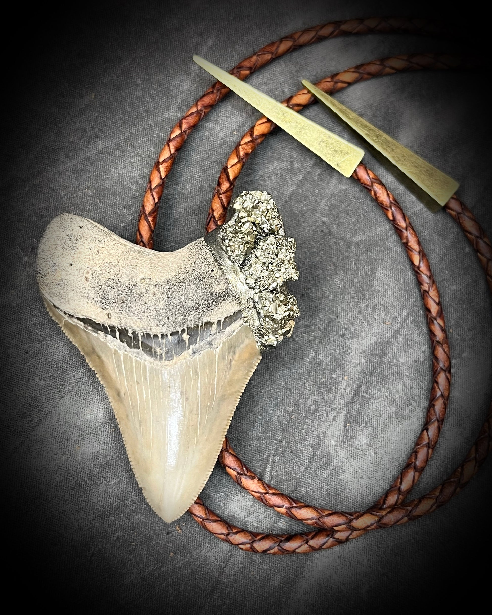 A prehistoric Megalodon tooth bolo tie adorned with shimmering Pyrite crystals on soft brown bolo leather. Maximalist Western style trend holiday gift for him!