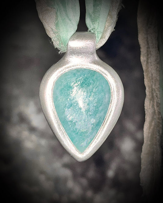 Amazonite handmade crystal healing gift for calm and balance.  Silver teardrop gemstone necklace hung from recycled silk for summer, festival, travel, pregnancy jewelry or boho everyday magic.