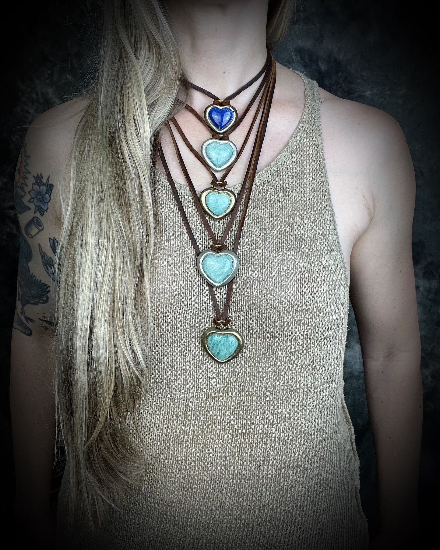 Amazonite crystal heart pendant necklace in gold or silver finish on brown leather cord — handmade bohemian crystal jewelry gift for her.