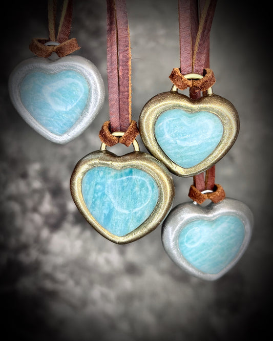 Amazonite crystal heart pendant necklace in gold or silver finish on brown leather cord — handmade bohemian crystal jewelry gift for her.