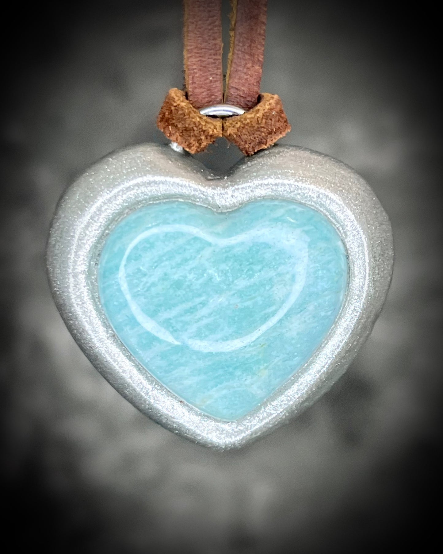 Amazonite crystal heart pendant necklace in gold or silver finish on brown leather cord — handmade bohemian crystal jewelry gift for her.
