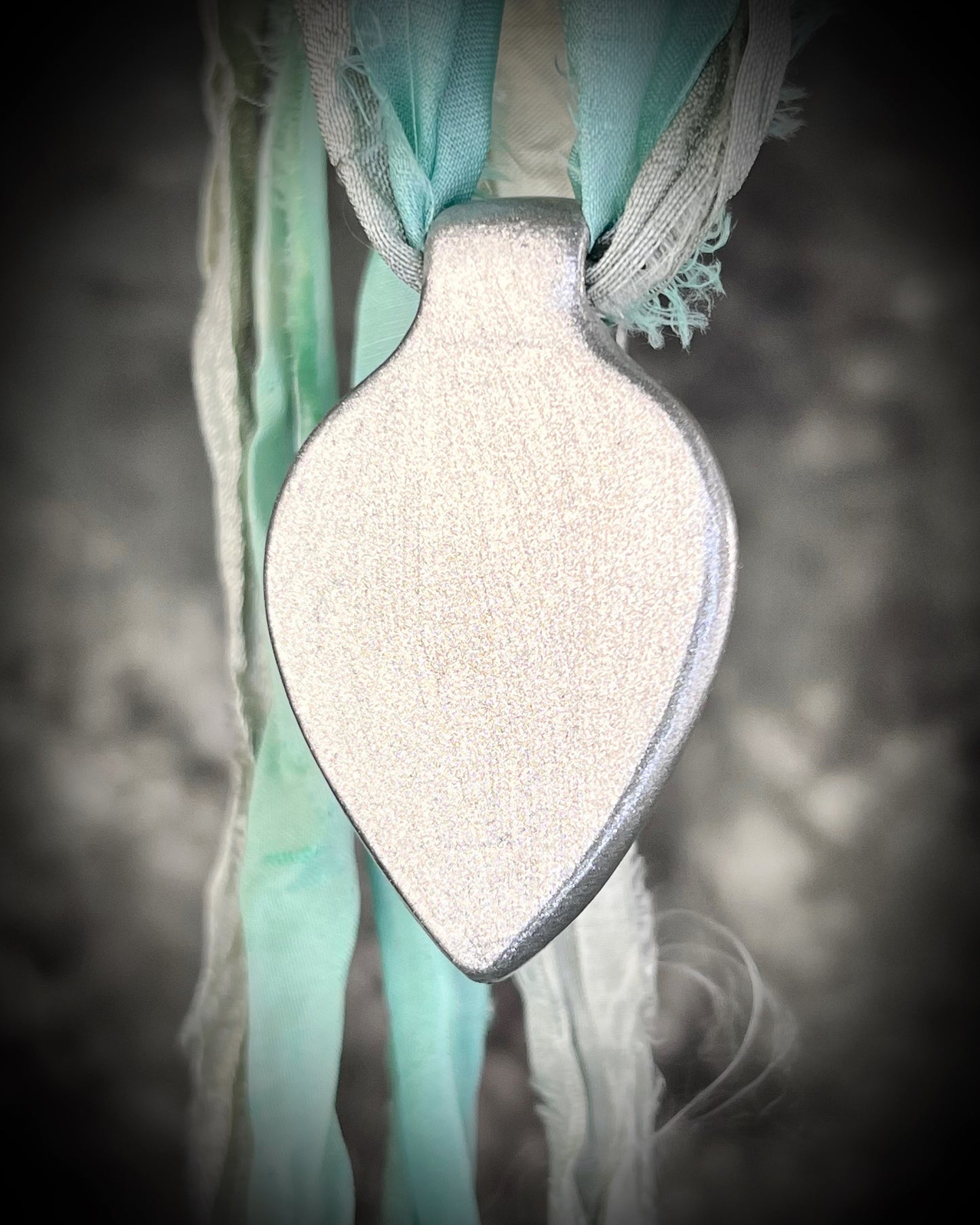 Amazonite handmade crystal healing gift for calm and balance.  Silver teardrop gemstone necklace hung from recycled silk for summer, festival, travel, pregnancy jewelry or boho everyday magic.