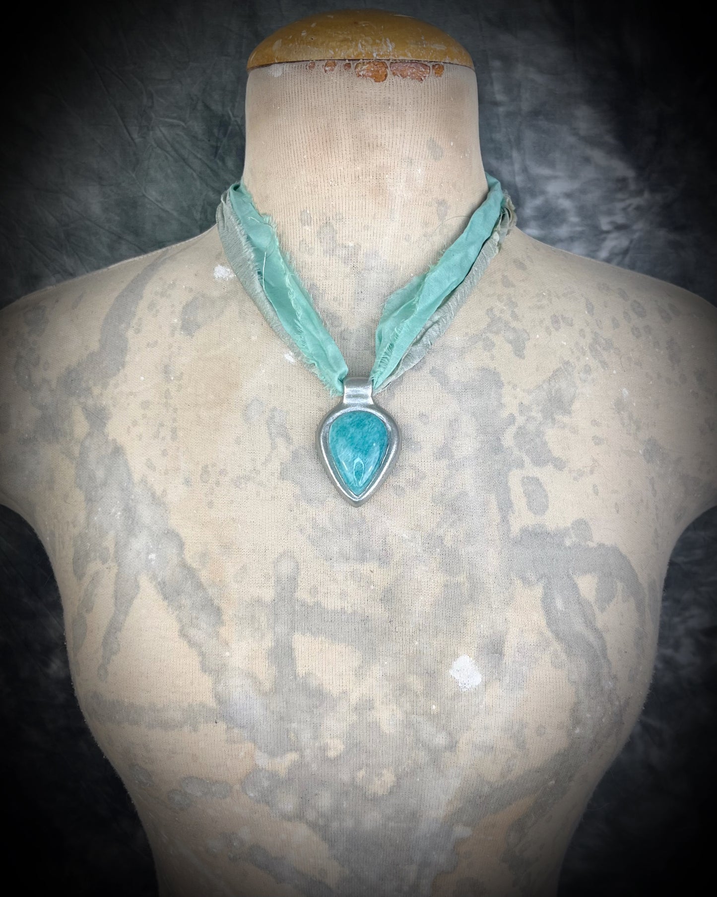 Amazonite handmade crystal healing gift for calm and balance.  Silver teardrop gemstone necklace hung from recycled silk for summer, festival, travel, pregnancy jewelry or boho everyday magic.