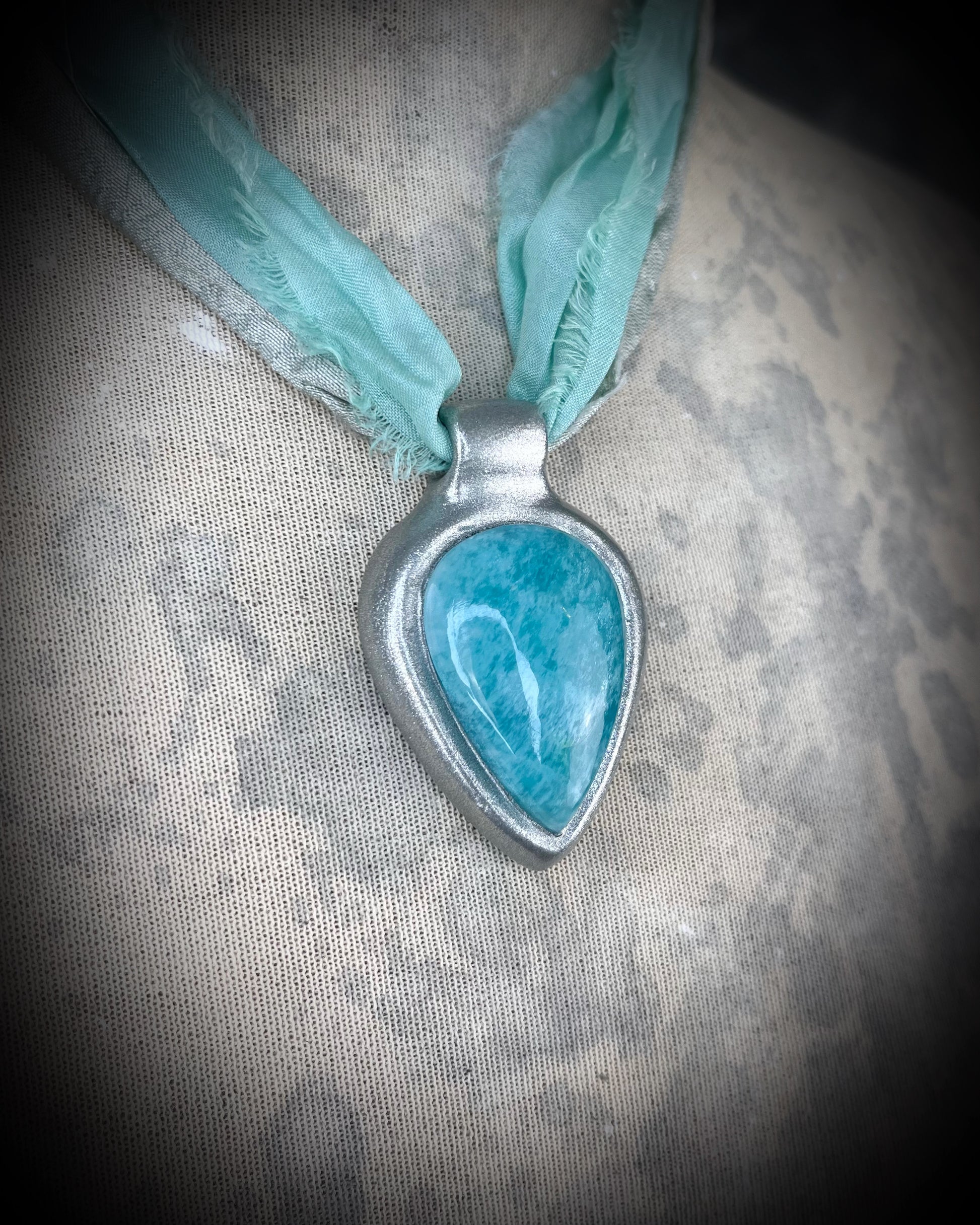 Amazonite handmade crystal healing gift for calm and balance.  Silver teardrop gemstone necklace hung from recycled silk for summer, festival, travel, pregnancy jewelry or boho everyday magic.