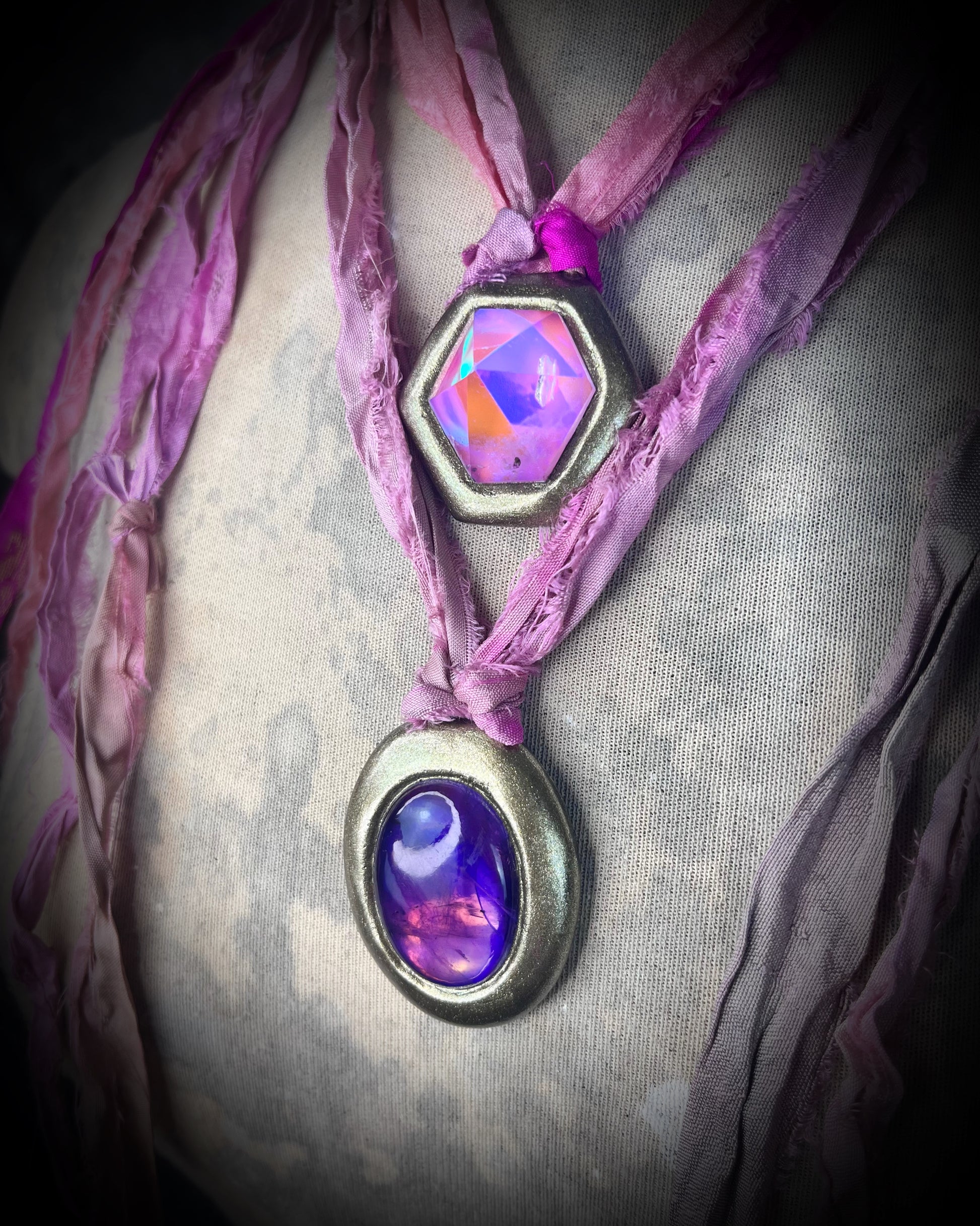 Amethyst Birthstone crystal healing handmade gold gemstone talisman. Summer jewelry, sustainable festival jewelry, pride parade jewelry, beach jewelry. 
