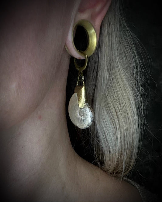 Ammonite fossil earrings featuring ancient spiral fossil forms on hypoallergenic huggie hooks, handmade by Become Spellbound.