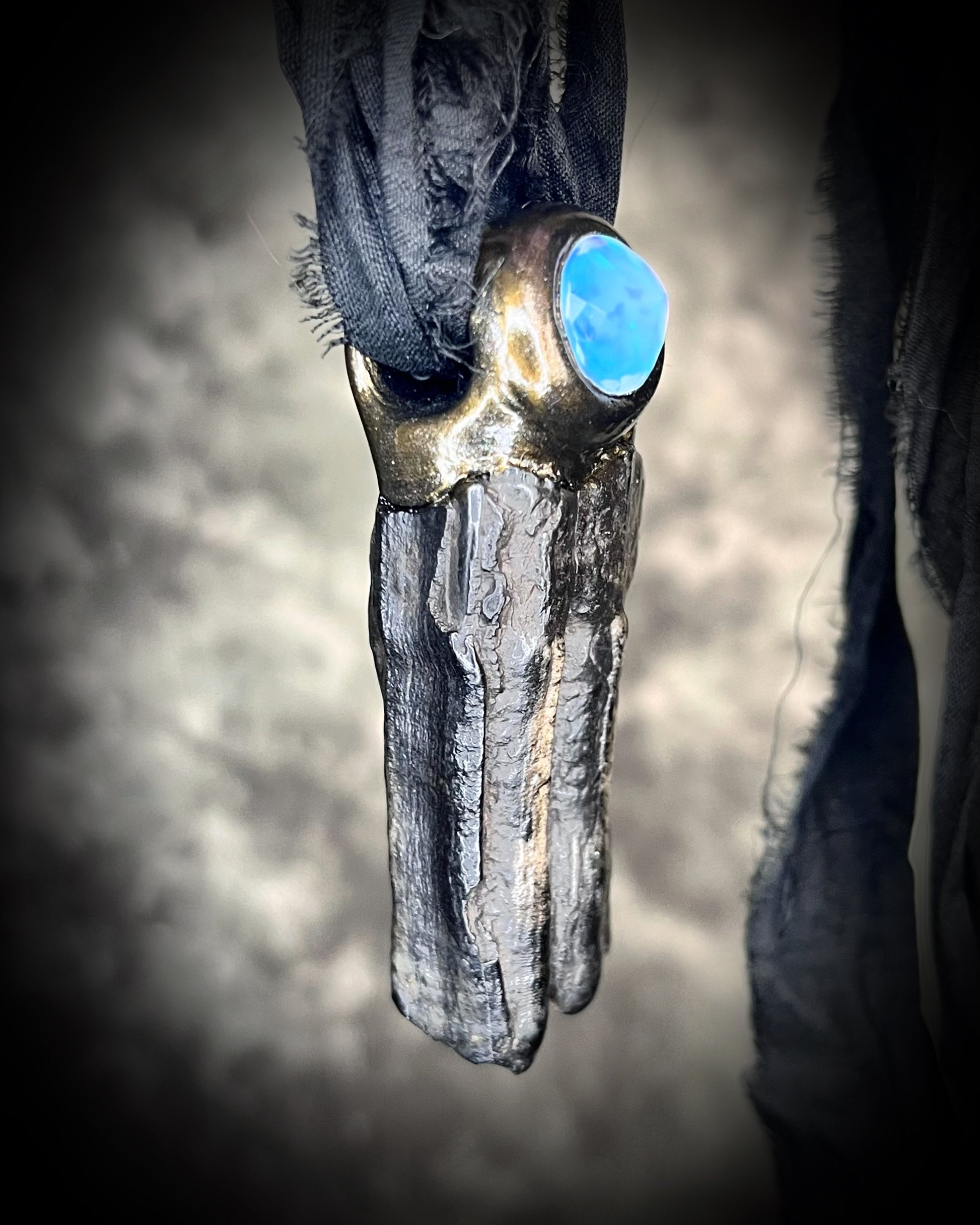 Ancient Equus tooth fossil pendant with iridescent opal, raw crystal talisman, witchy gothic statement necklace.
