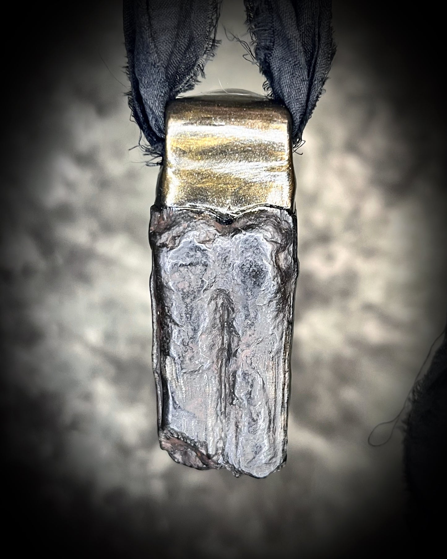 Ancient Equus tooth fossil pendant with iridescent opal, raw crystal talisman, witchy gothic statement necklace.