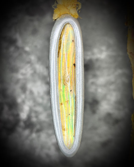 Ancient insect included amber pendant in silver finish on marigold and yellow recycled silks. Enchanting natural history holiday gift for her!