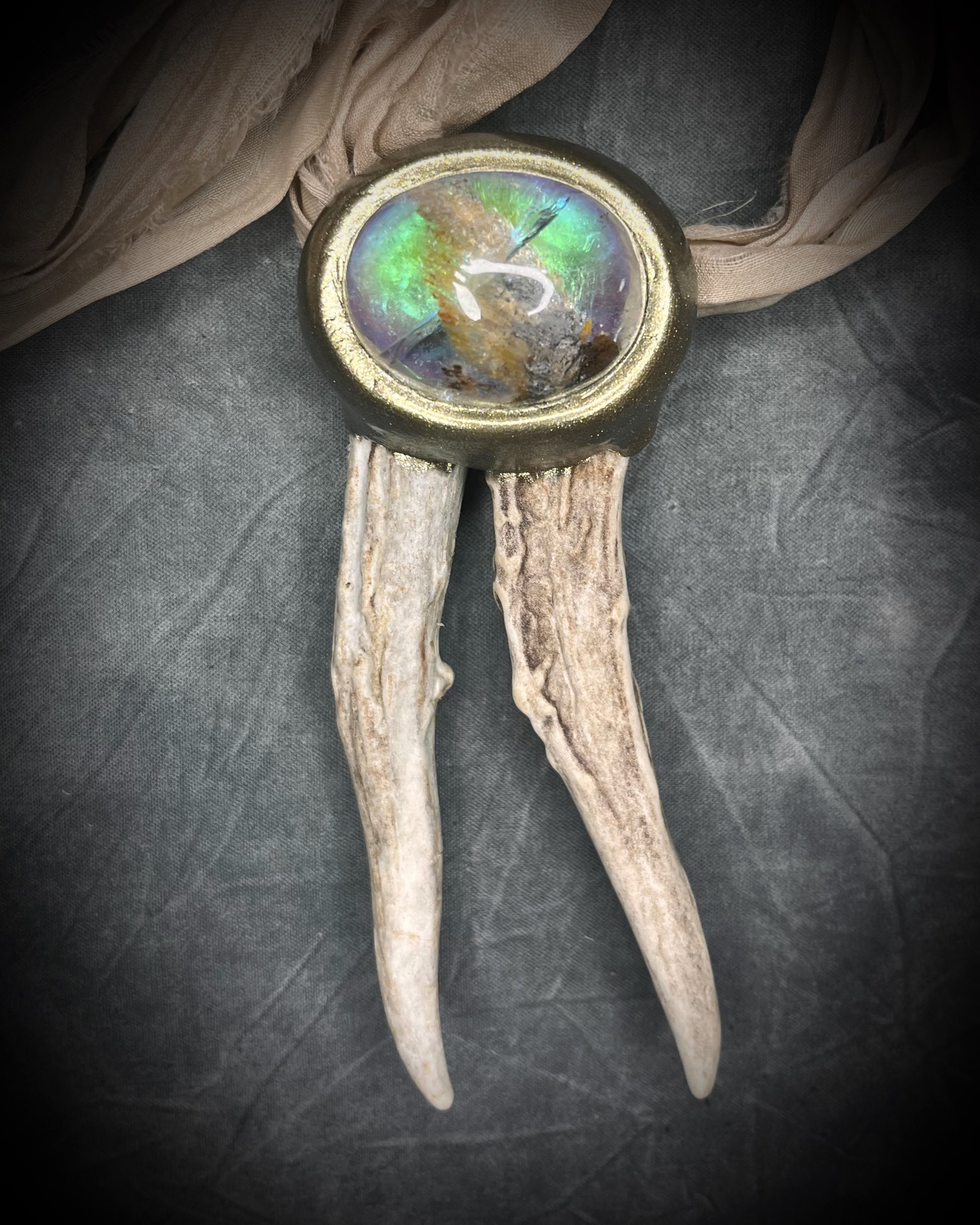 Antler and scenic quartz gemstone handmade shamanic crystal healing talisman.  2026 modern maximalist organic jewelry.