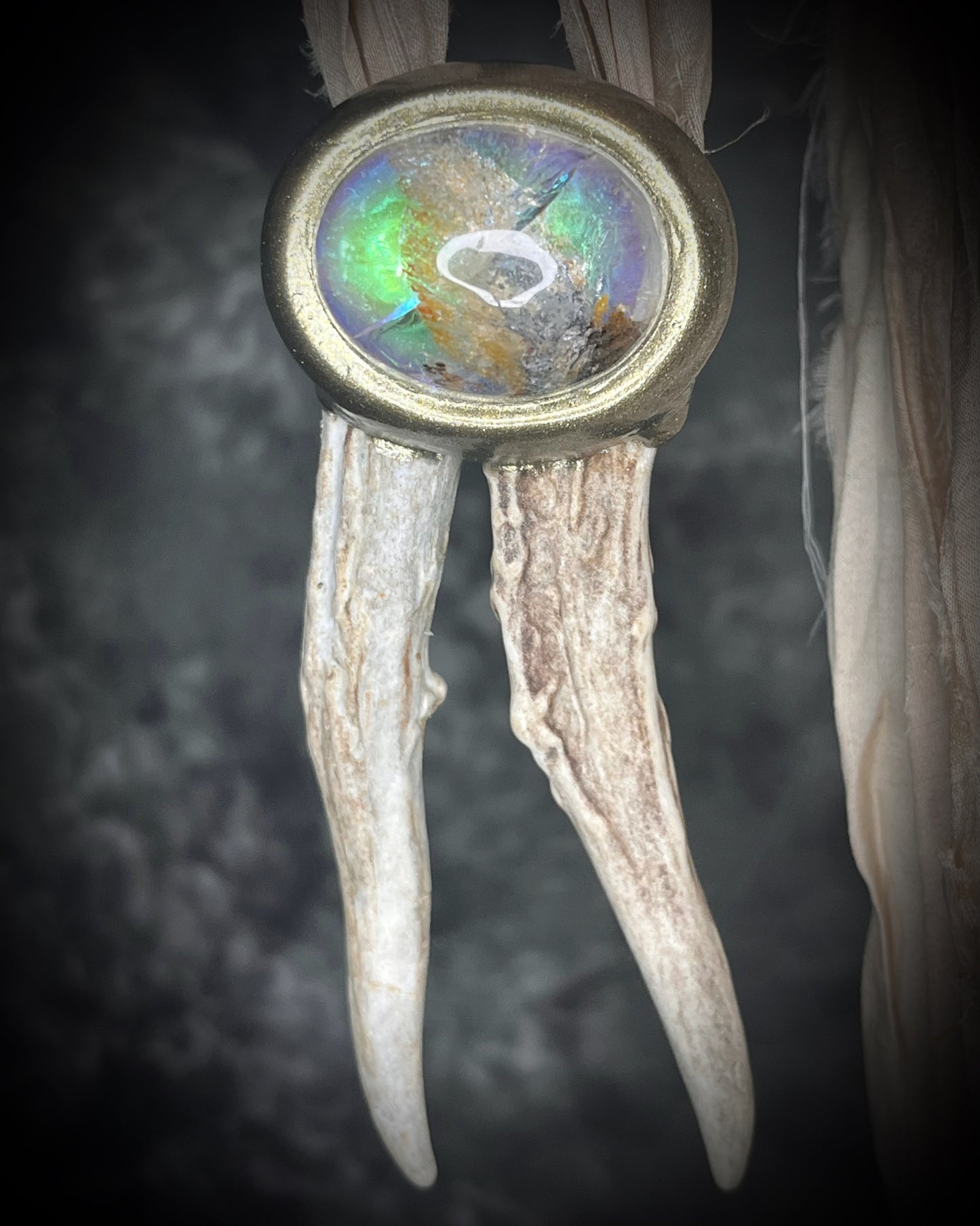 Antler and scenic quartz gemstone handmade shamanic crystal healing talisman.  2026 modern maximalist organic jewelry.