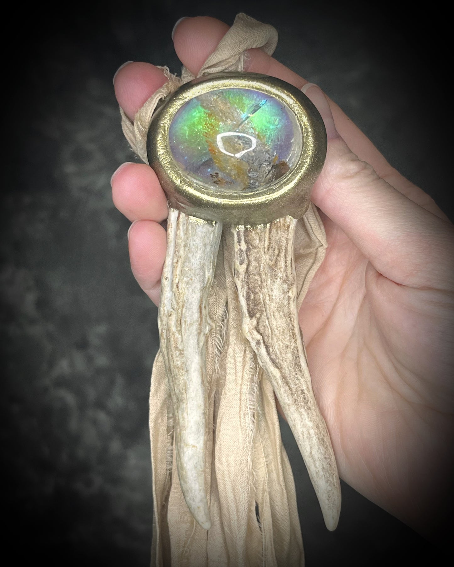Antler and scenic quartz gemstone handmade shamanic crystal healing talisman.  2026 modern maximalist organic jewelry.