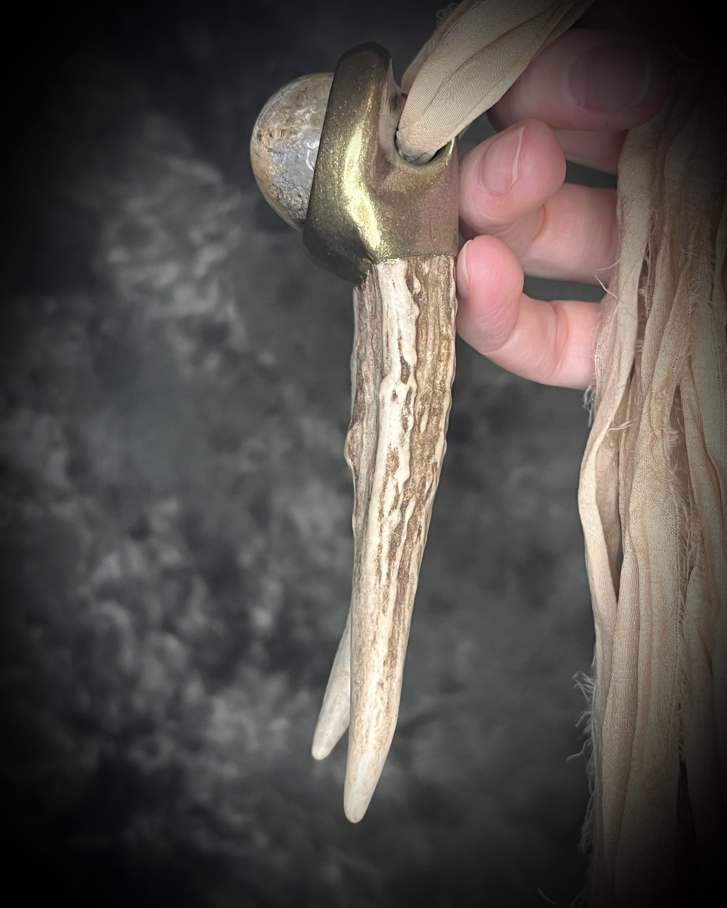 Antler and scenic quartz gemstone handmade shamanic crystal healing talisman.  2026 modern maximalist organic jewelry.