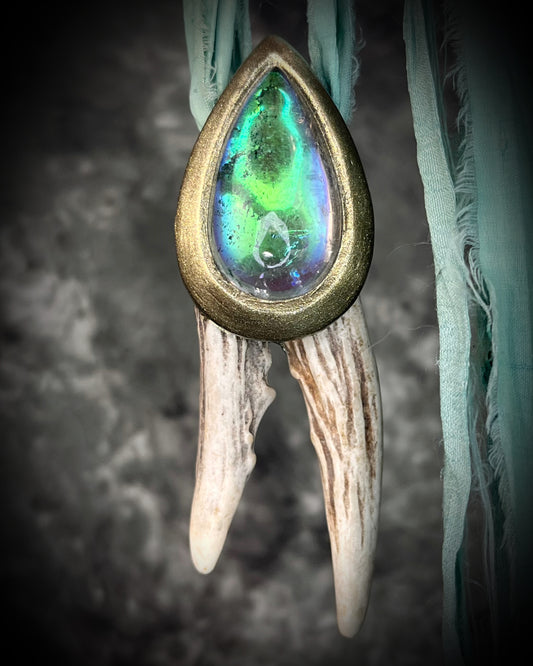 Artemis Goddess handmade Necklace with green crystal quartz teardrop framed in a gold setting and two naturally shed deer antlers, hung from mint green recycled silk. Nature inspired jewelry gift for her. 