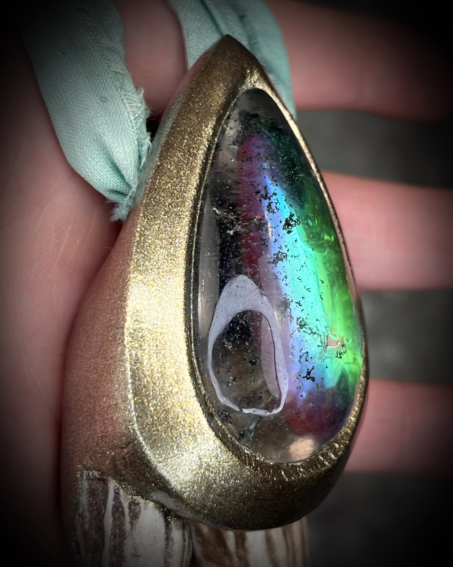 Artemis Goddess handmade Necklace with green crystal quartz teardrop framed in a gold setting and two naturally shed deer antlers, hung from mint green recycled silk. Nature inspired jewelry gift for her. 