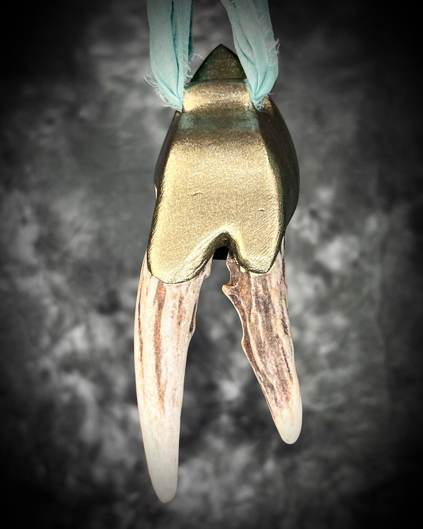 Artemis Goddess handmade Necklace with green crystal quartz teardrop framed in a gold setting and two naturally shed deer antlers, hung from mint green recycled silk. Nature inspired jewelry gift for her. 