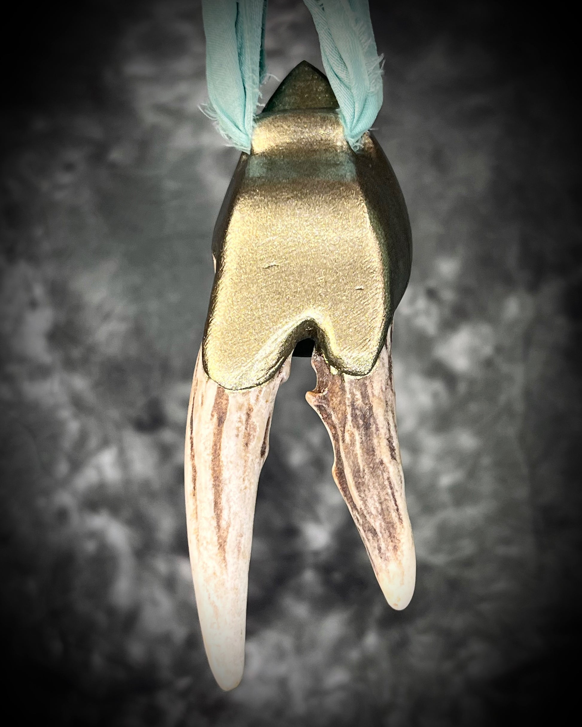 Artemis Goddess handmade Necklace with green crystal quartz teardrop framed in a gold setting and two naturally shed deer antlers, hung from mint green recycled silk. Nature inspired jewelry gift for her. 