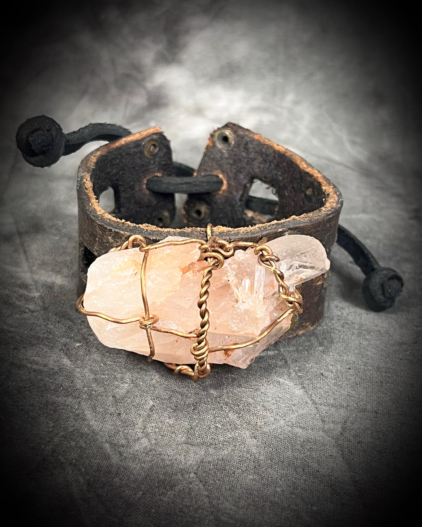 Artisanal leather and quartz crystal cluster  handmade cuff bracelet. Unisex crystal leather jewelry gift for him or her. 