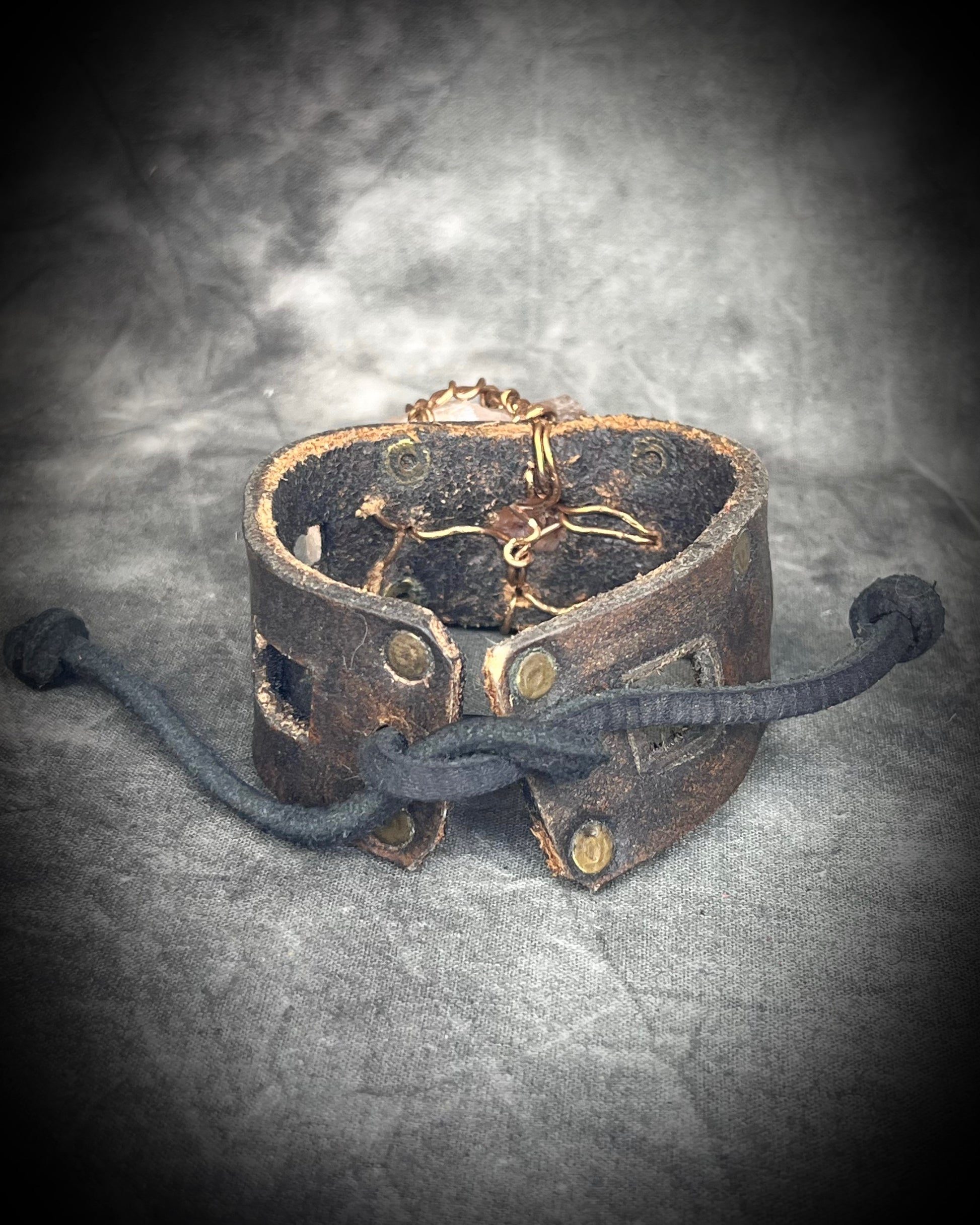 Artisanal leather and quartz crystal cluster  handmade cuff bracelet. Unisex crystal leather jewelry gift for him or her. 