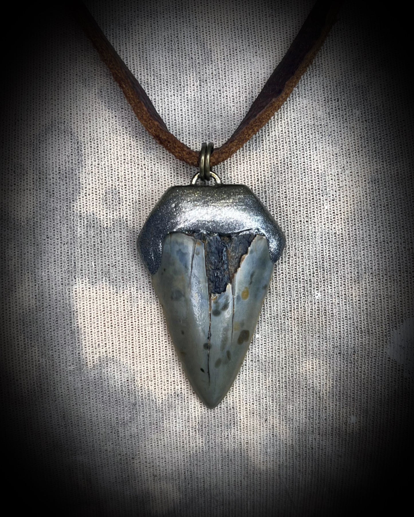 Authentic Great White Shark tooth pendant on earthy brown leather, gothic oceanic jewelry and fossil talisman necklace.