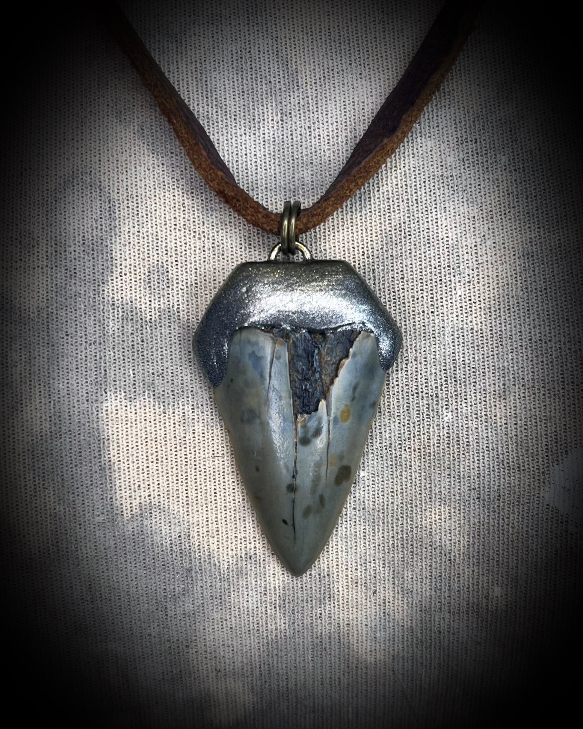 Authentic Great White Shark tooth pendant on earthy brown leather, gothic oceanic jewelry and fossil talisman necklace.