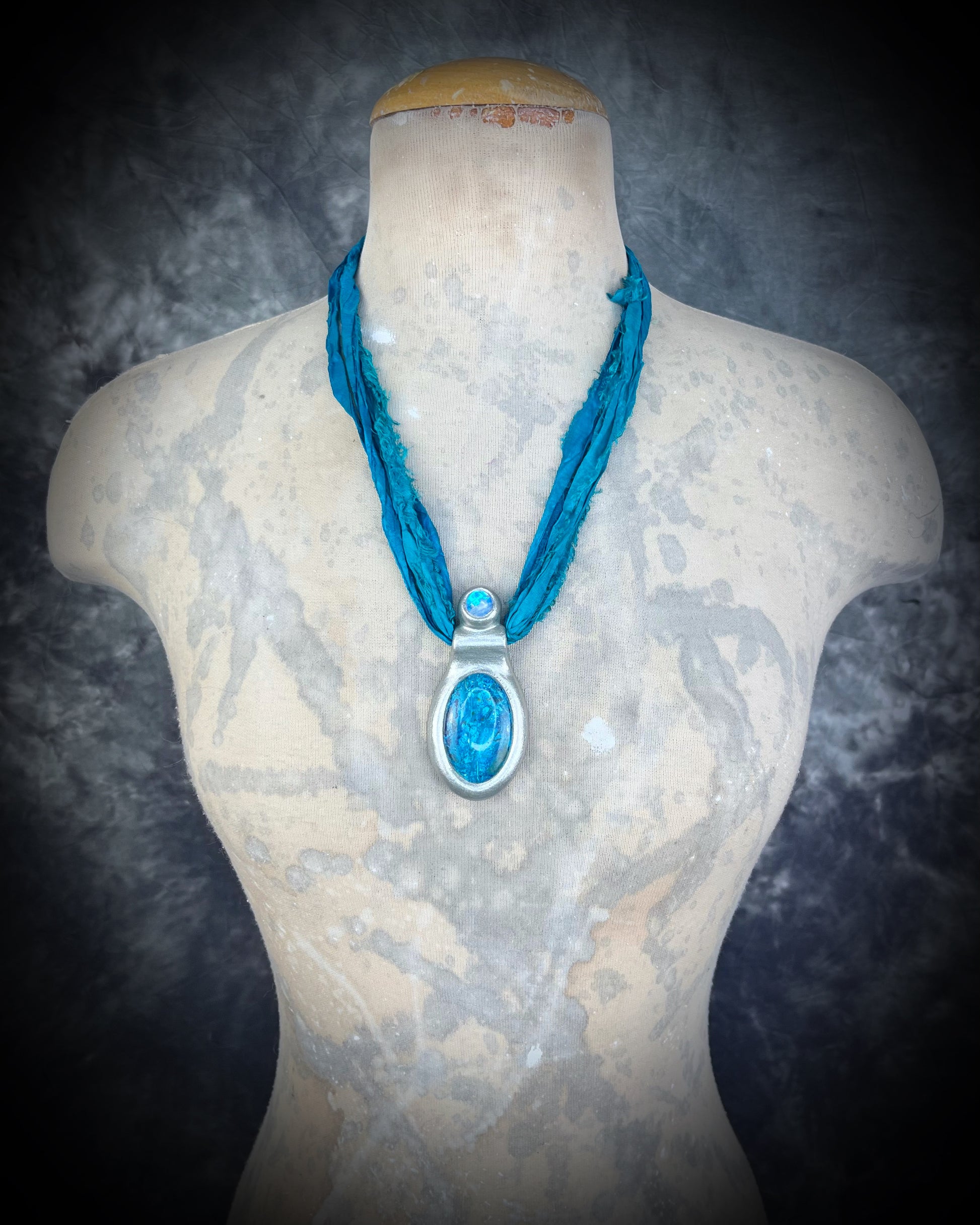 Azurite Chrysocolla and Moonstone Silver Handmade Crystal Healing Pendant on recycled silk in transformative teal, maximalist jewelry for Intuition Third Eye Activation and Calm