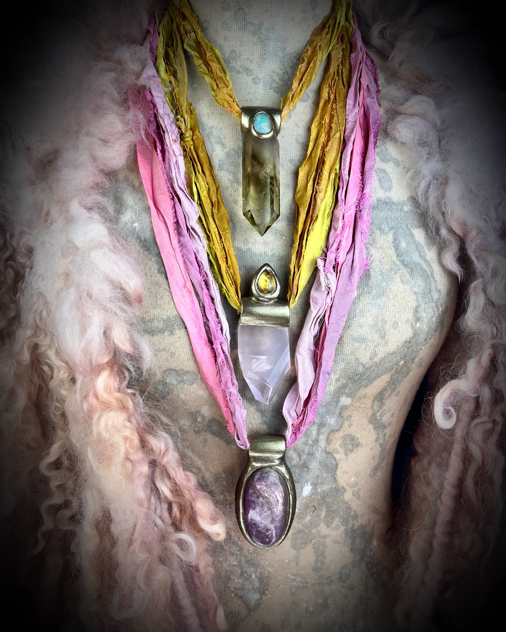 Citrine and XL Opal crystal healing Sacral Chakra energizing handmade pendant.  Necklaces for travel, summer, lightworkers, or meditation.  Recycled silk jewelry for sustainable 2025 style.  