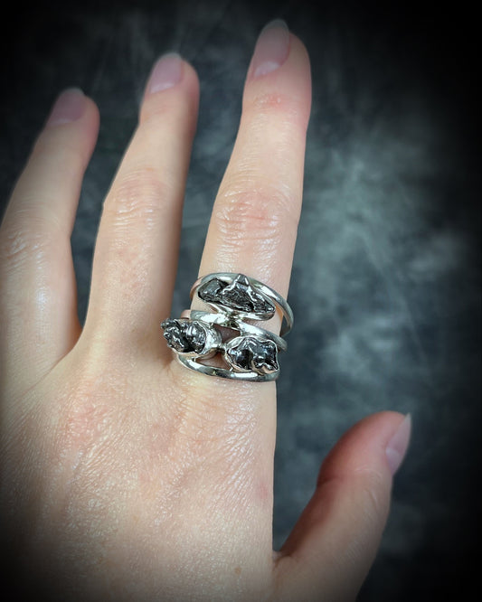 Unisex multi-stone sterling silver and triple band meteorite handmade ring. Futuristic high fashion spiritually elevating Holiday gift for her. 