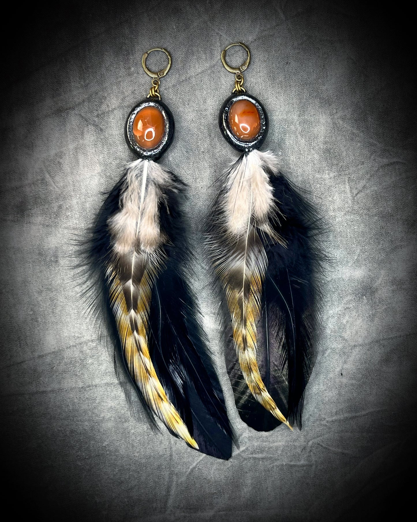 Handmade Carnelian crystal jewelry,  feather birthstone carnelain gemstone danngle earrings with brass huggie ear hooks.  Dangle drop earrings for gift for her, summer, fall, festivals and birthstone jewelry for Virgo. 