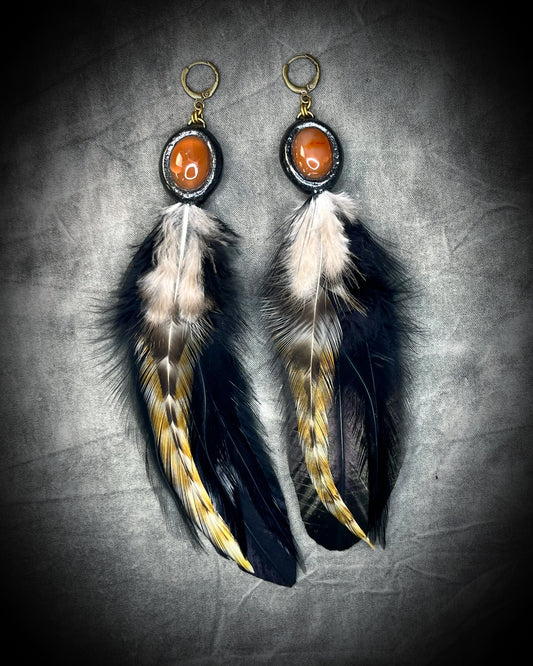 Handmade Carnelian crystal jewelry,  feather birthstone carnelain gemstone danngle earrings with brass huggie ear hooks.  Dangle drop earrings for gift for her, summer, fall, festivals and birthstone jewelry for Virgo. 