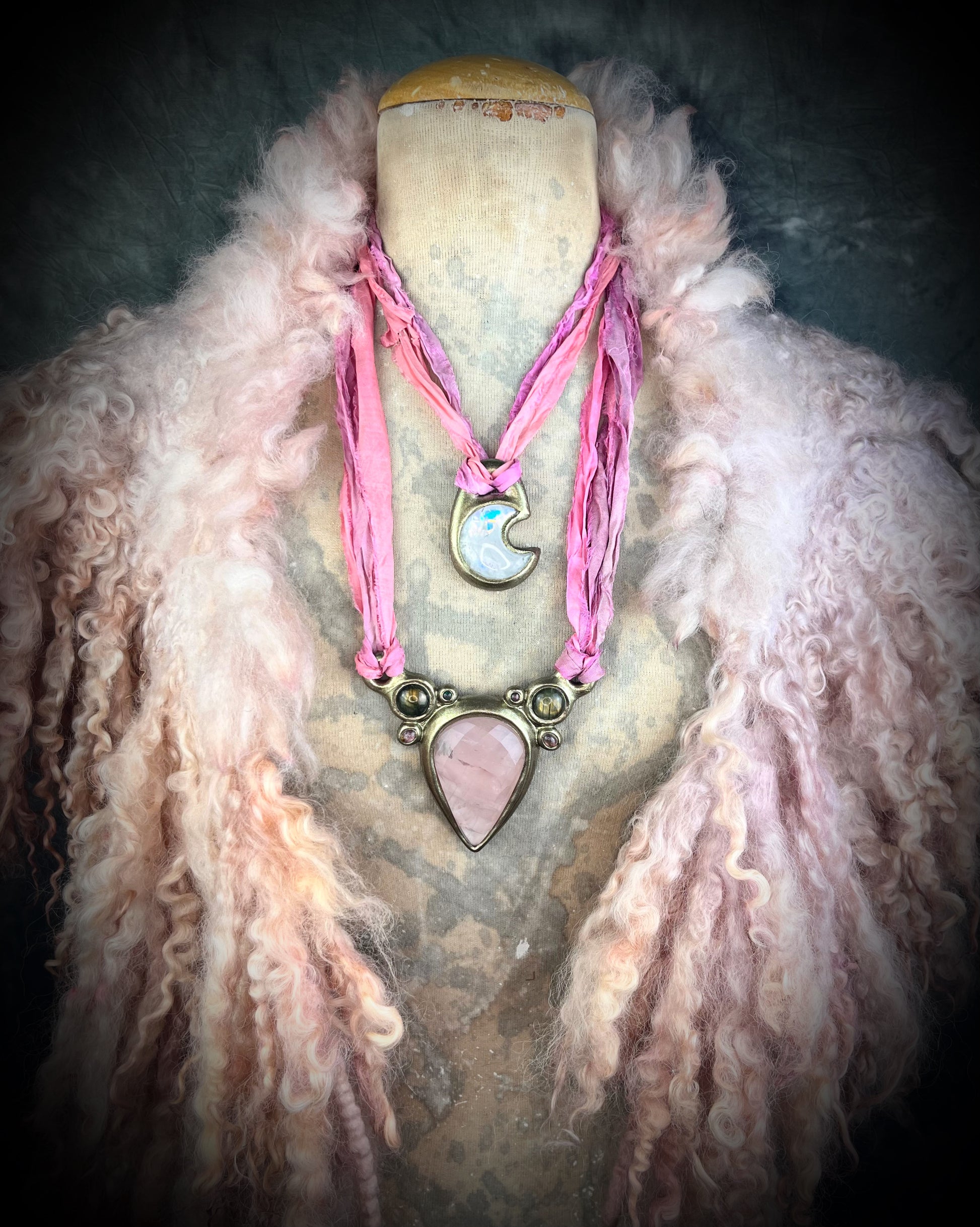 Radiant Crystal Healing quartz handmade moon goddess pendant in gold and opal finish with pink recycled silks!  Reiki Infused Jewelry, Festival, Boho, High Vibe Spiritual Necklace! 
