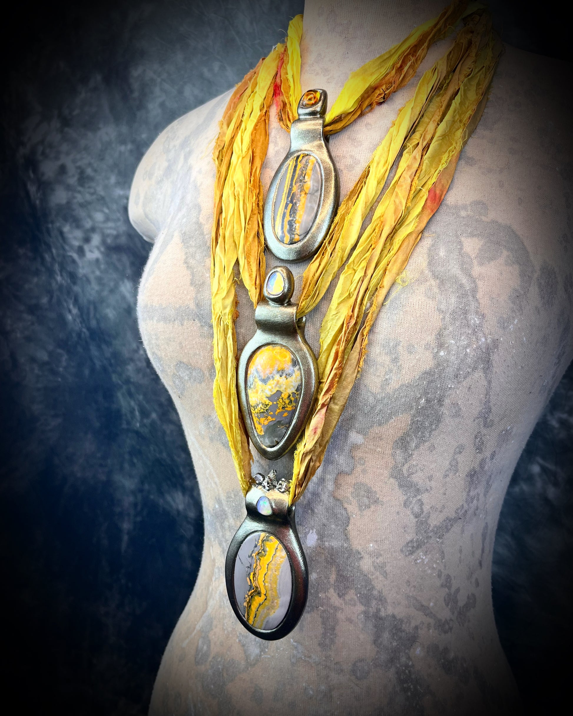 Dopamine dressing trend crystal healing jewelry for joy and abundance!  Handmade bumblebee jasper and citrine gemstone necklace hung from recycled silk for an eco-friendly festival, summer party, travel necklace, or everyday magic!