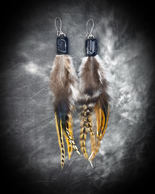 Feather and Black Tourmaline Sterling Silver Earrings