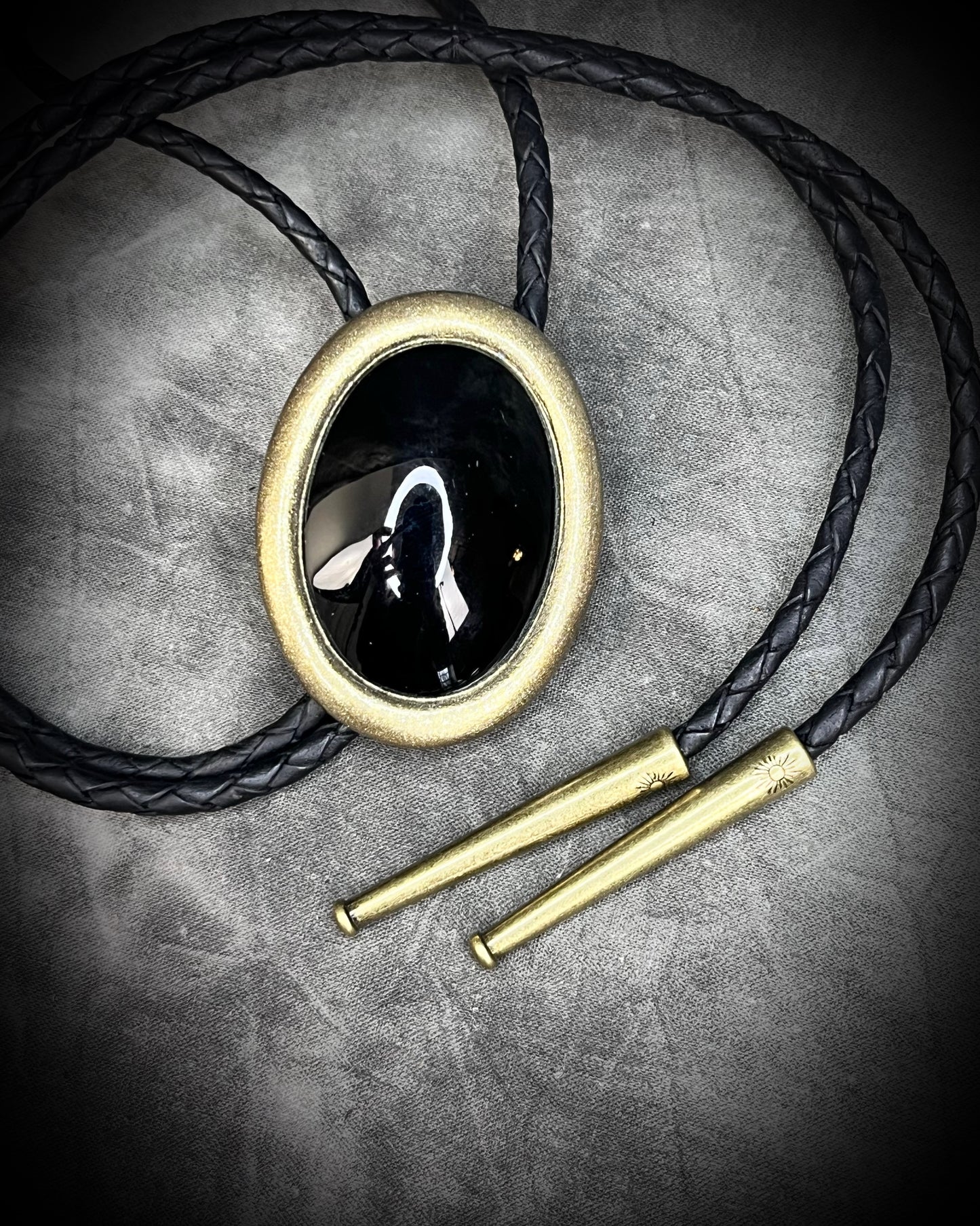 Black Obsidian gemstone with gold details bolo holiday gift for him. Gothic Western trend jewelry.