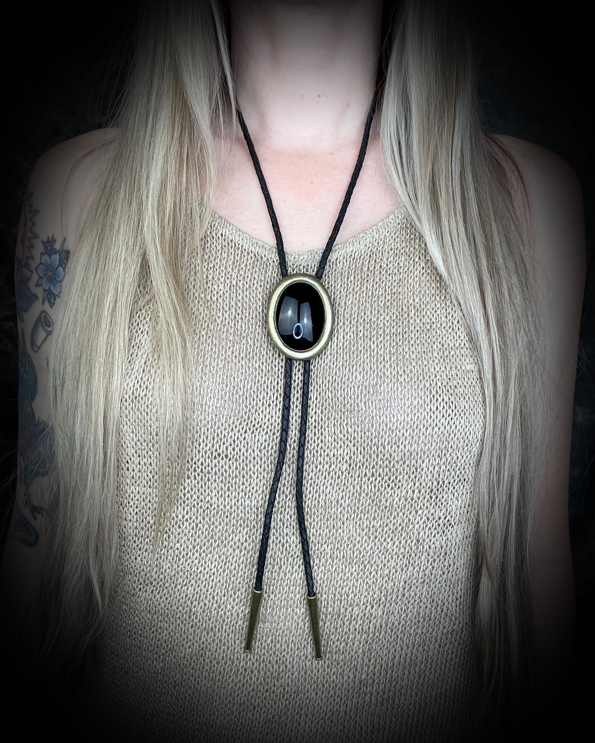 Black Obsidian gemstone with gold details bolo holiday gift for him. Gothic Western trend jewelry.